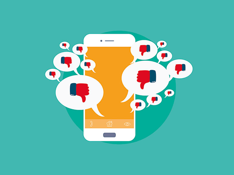 A cartoon of a large phone on a green background with lots of text pop-ups with red cartoon thumbs down emojis