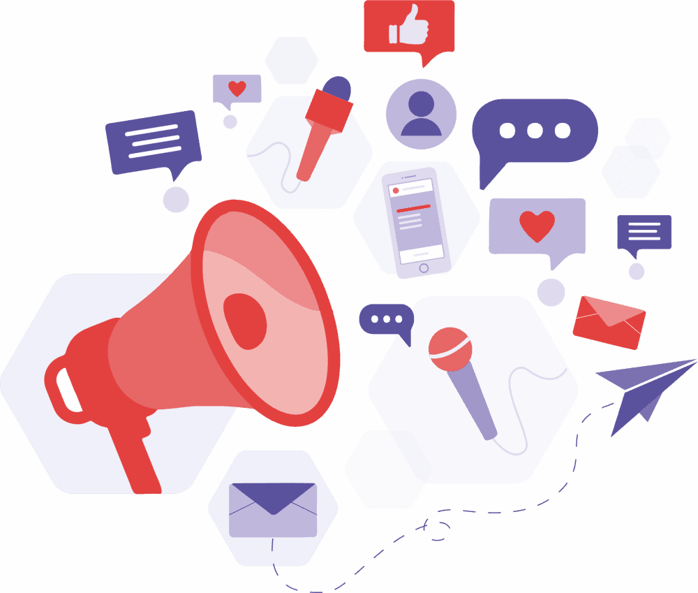 A megaphone with logos and a microphone and a phone next to it