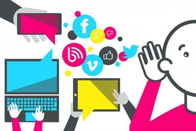 A person holding their hang to their ear listening to social media icons like the Facebook and Twitter logos floating nearby
