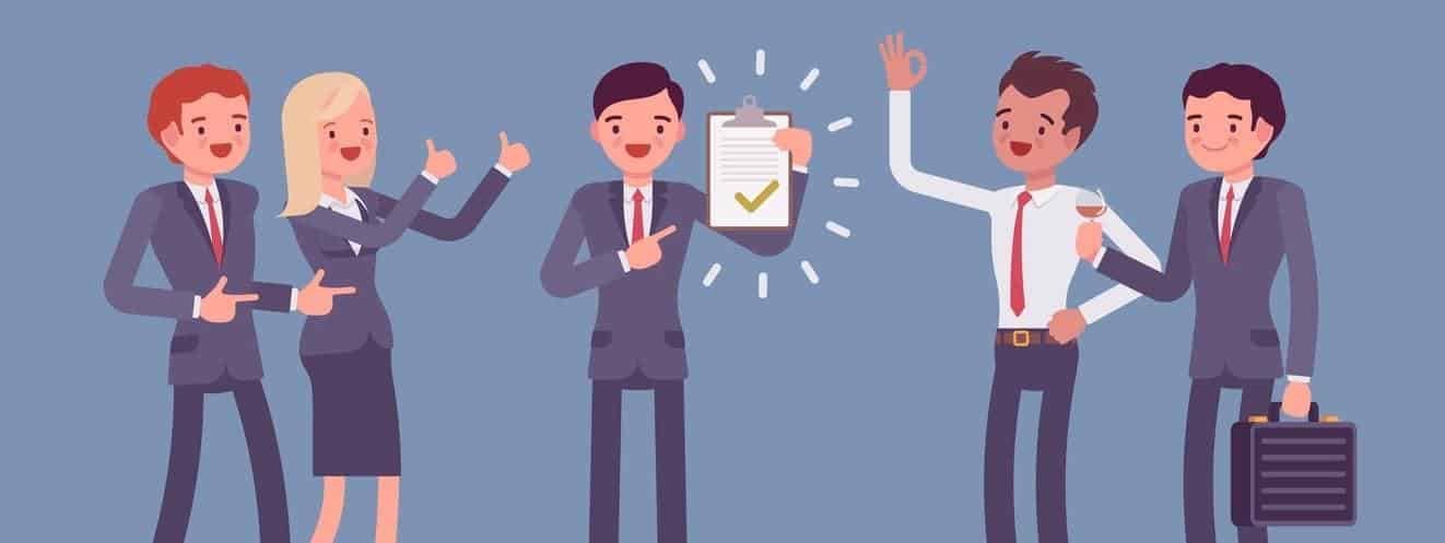 Cartoon of a man holding up a clipboard with a green tick and pointing to it and smiling with co-workers around him celebrating and giving him a thumbs up and encouragement