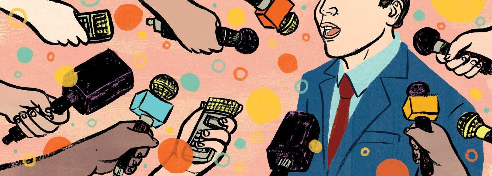 Cartoon of a man in a suit talking to journalists holding microphones close to his face from all angles