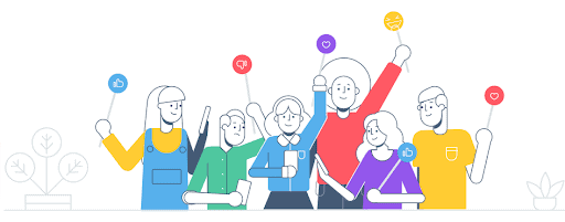 Cartoon of thinly-drawn people wearing brightly coloured clothing holding up paddles with love heart and thumbs up or down emojis on them
