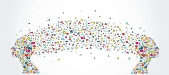 Cartoon of two heads at opposites sides of the picture facing away from each other with a bridge between them made of icons of music and social media
