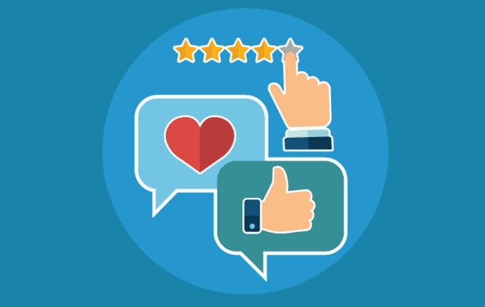 Circle on a turquoise background with a hand symbol pressing a 4/5 star system, a heart emoji in a text box and a thumbs up emoji in a text box