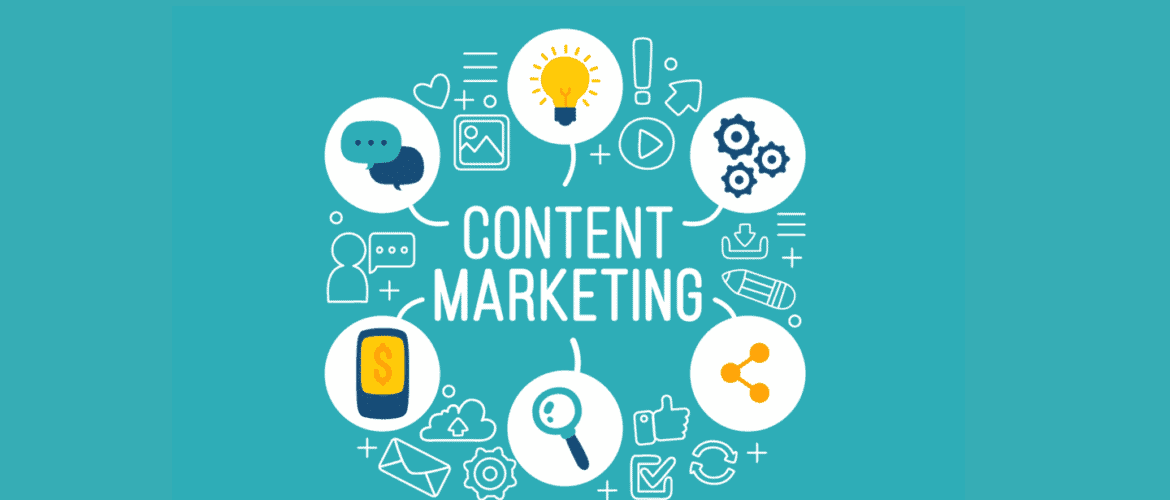 Green background of content marketing with bubbles coming off it with a lightbulb, cogs, a phone with a dollar sign, a magnifying glass, a share button and a chat window