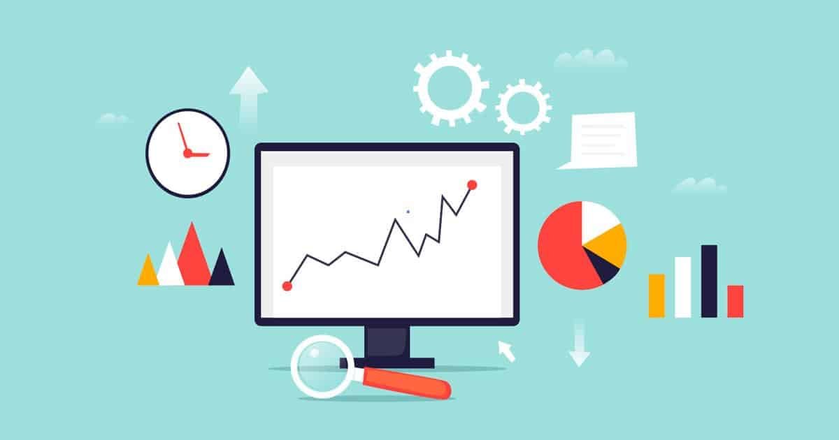 Green background with a desktop screen showing a graph and icons surrounding it like a clock, cogs, magnifying glass, and a pie chart