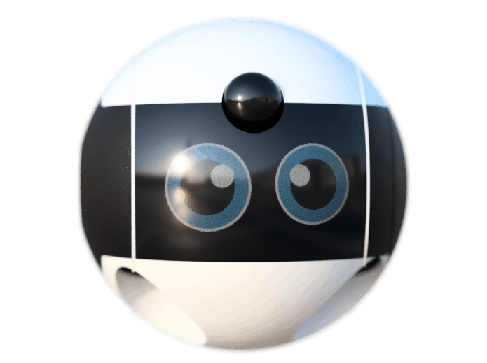 Image of an anthropomorphic robot from BemyOrby - a black and white ball with wide, cartoon eyes