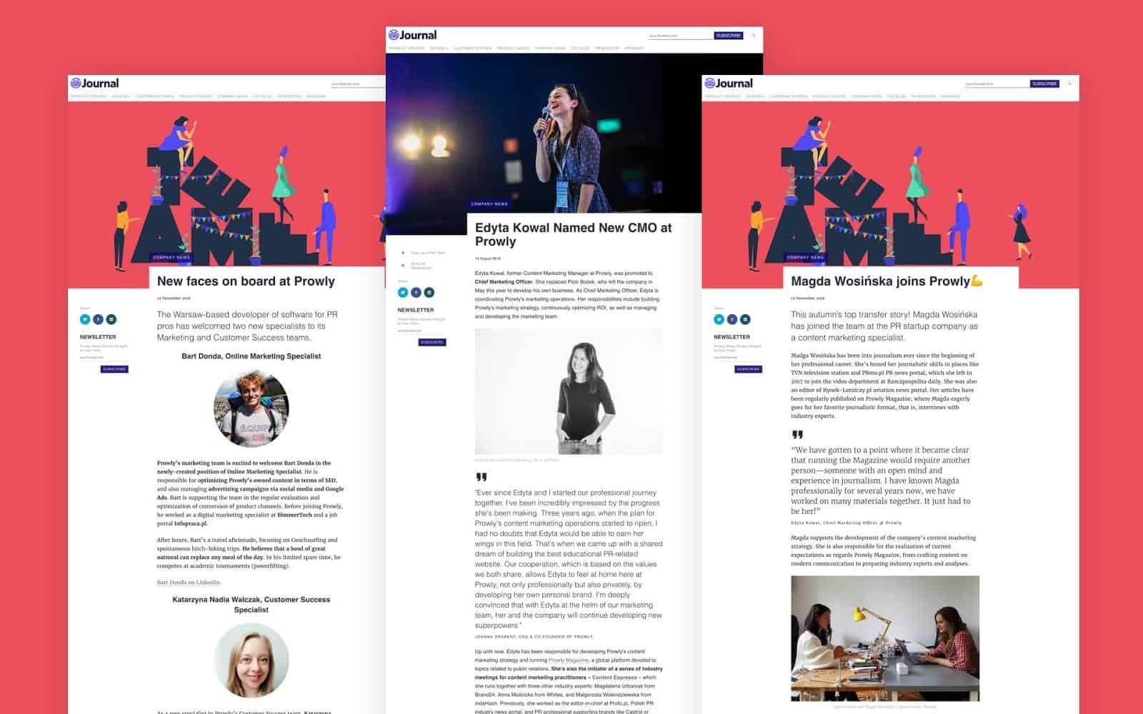 Journal articles from Prowly with images of a signer, cartoon, and snippets of blog articles