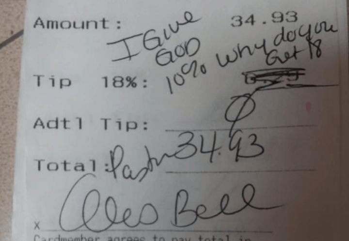 Receipt from customer at Applebee