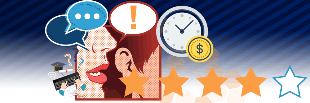 Striped blue background with a box with pop-art style mouth whispering text boxes into someone