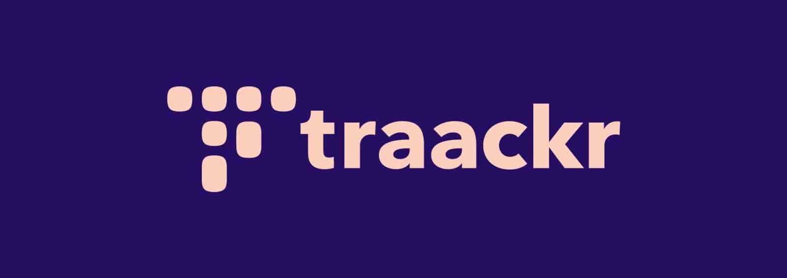 Traackr Logo in pink on a blue background