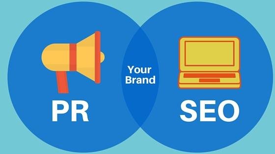 Venn diagram of PR (with a yellow megaphone) and SEO (with a yellow laptop) with 